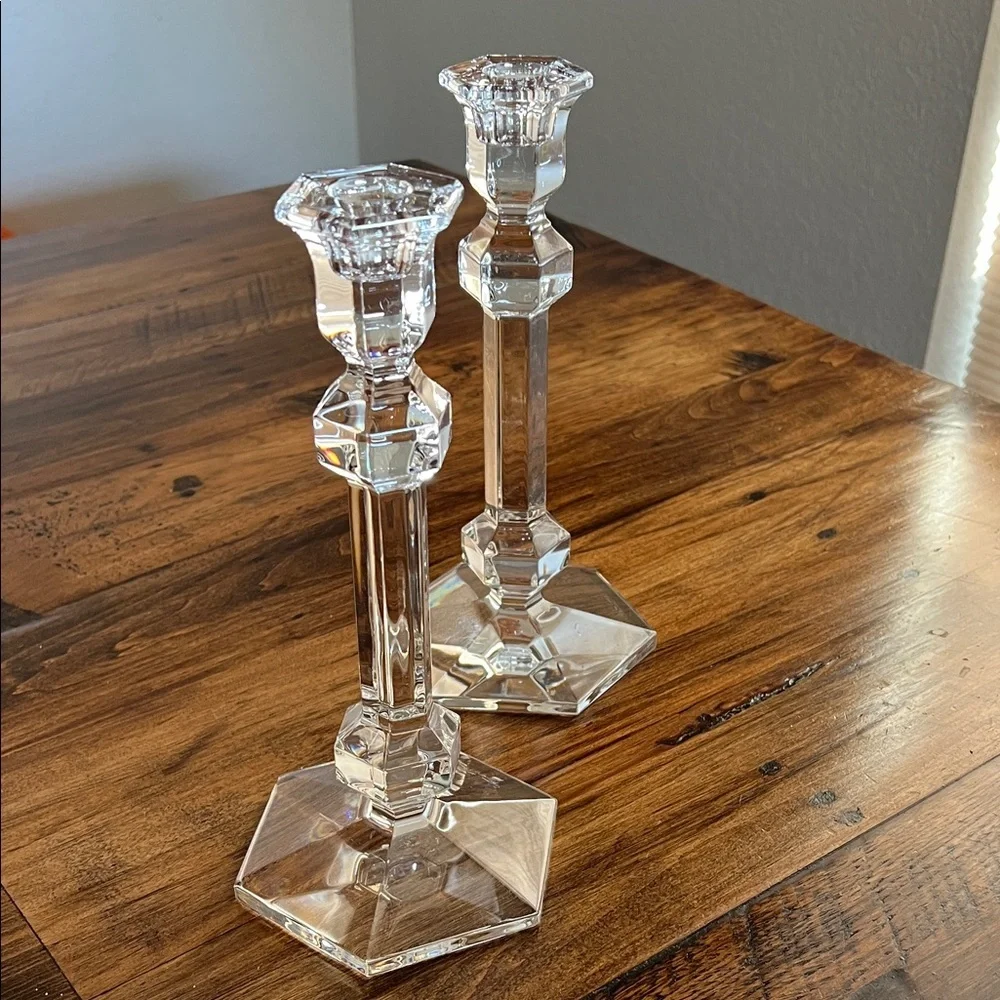 Vintage Pair of Val St. Lambert Gardenia Crystal Candlesticks Like New Signed